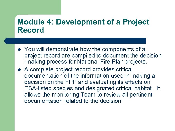 Module 4: Development of a Project Record l l You will demonstrate how the