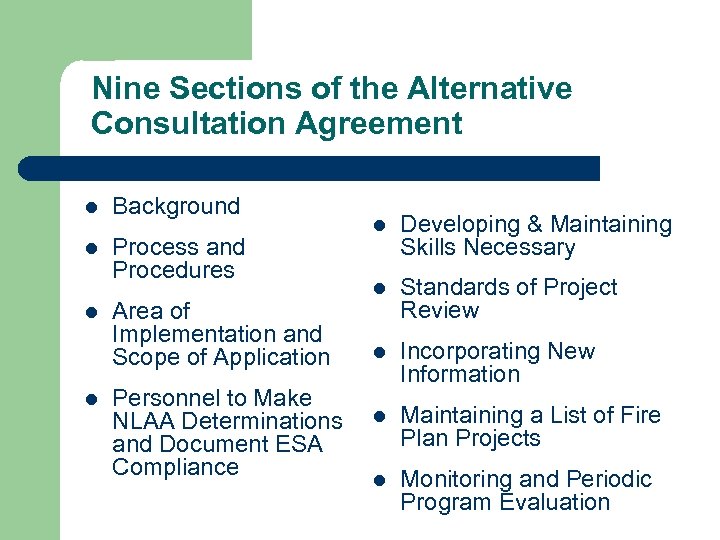 Nine Sections of the Alternative Consultation Agreement l Background l Process and Procedures l