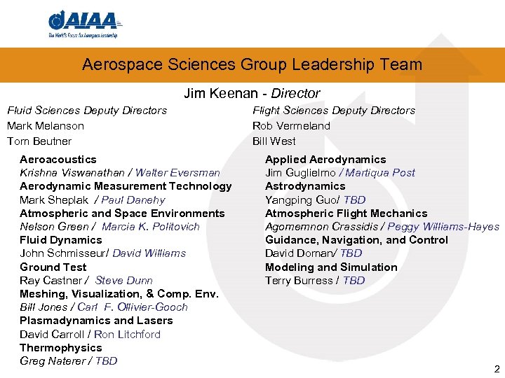 Aerospace Sciences Group Leadership Team Jim Keenan - Director Fluid Sciences Deputy Directors Mark