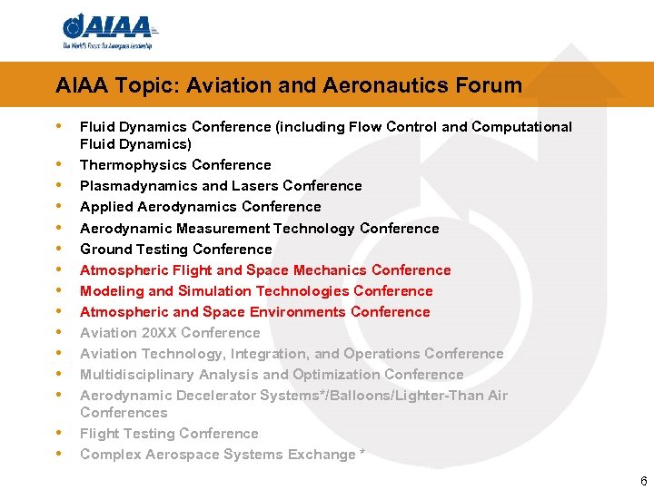 AIAA Topic: Aviation and Aeronautics Forum • • • • Fluid Dynamics Conference (including