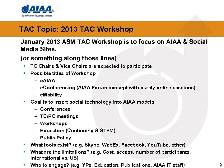 TAC Topic: 2013 TAC Workshop January 2013 ASM TAC Workshop is to focus on