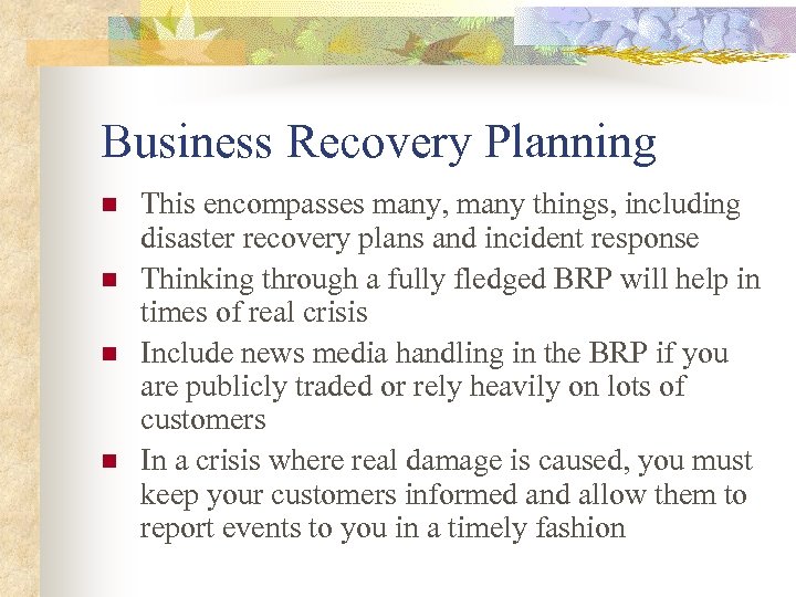 Business Recovery Planning n n This encompasses many, many things, including disaster recovery plans