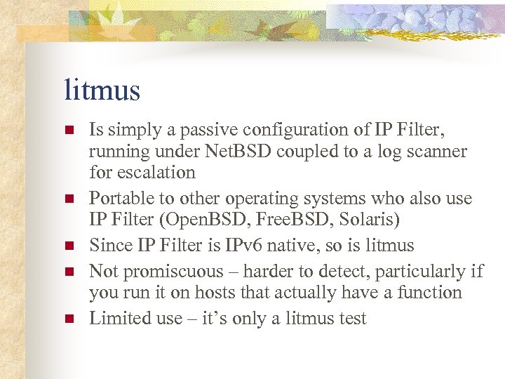 litmus n n n Is simply a passive configuration of IP Filter, running under