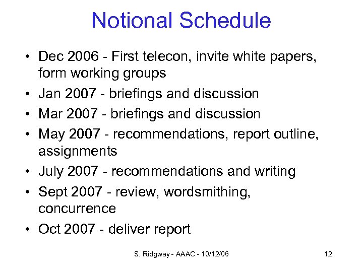 Notional Schedule • Dec 2006 - First telecon, invite white papers, form working groups