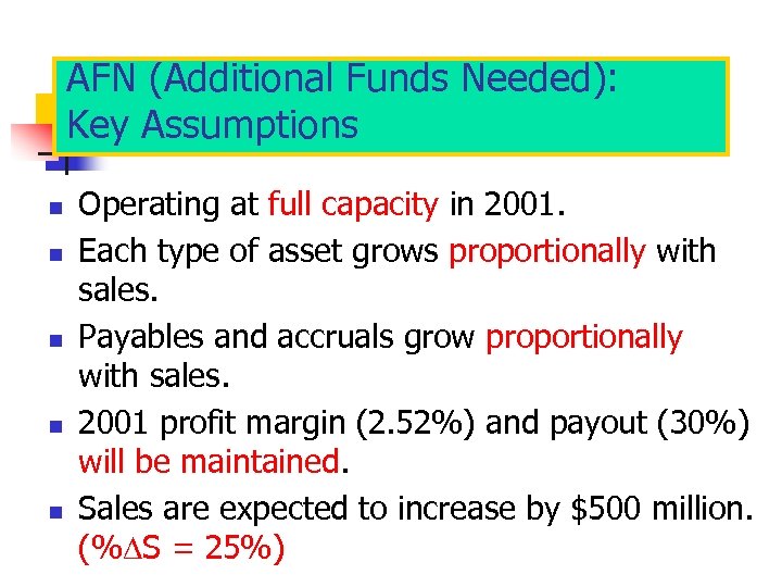 AFN (Additional Funds Needed): Key Assumptions n n n Operating at full capacity in