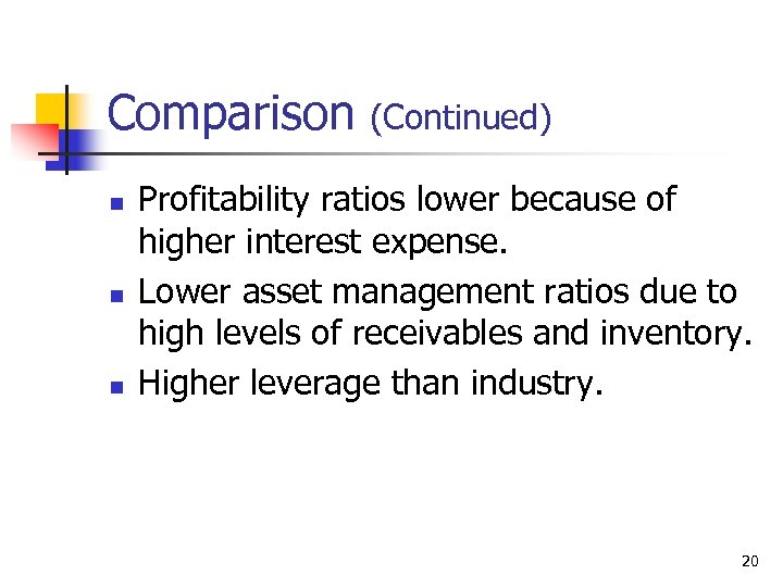 Comparison n (Continued) Profitability ratios lower because of higher interest expense. Lower asset management