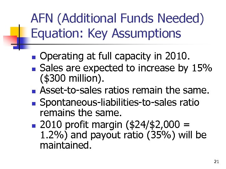 AFN (Additional Funds Needed) Equation: Key Assumptions n n n Operating at full capacity