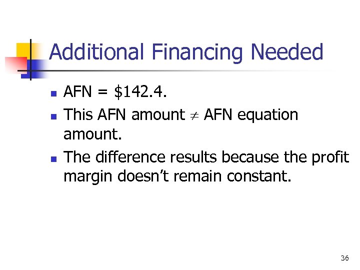 Additional Financing Needed n n n AFN = $142. 4. This AFN amount AFN