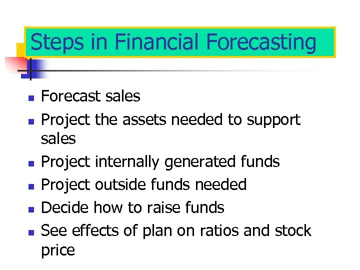 Steps in Financial Forecasting n n n Forecast sales Project the assets needed to