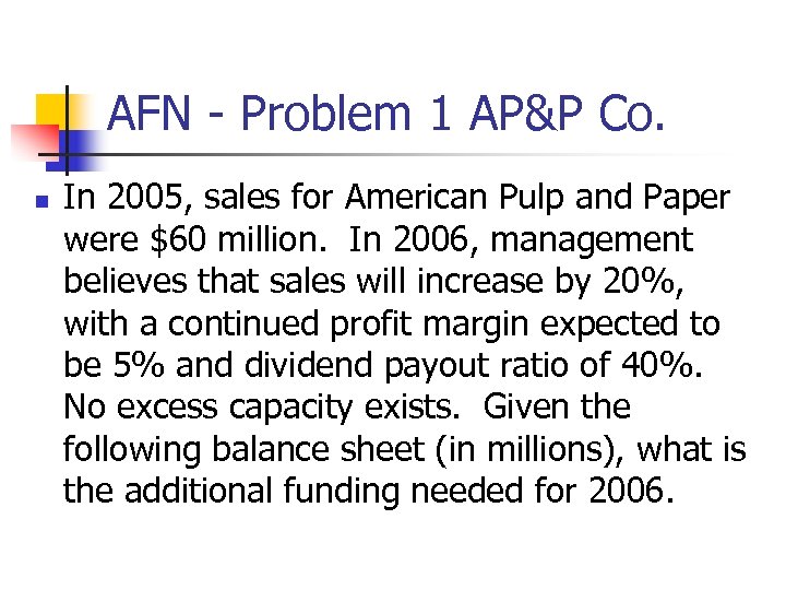 AFN - Problem 1 AP&P Co. n In 2005, sales for American Pulp and