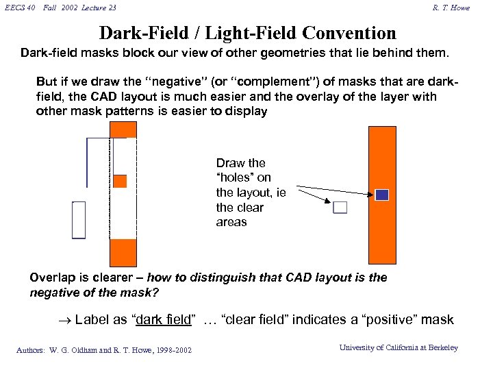 EECS 40 Fall 2002 Lecture 23 R. T. Howe Dark-Field / Light-Field Convention Dark-field