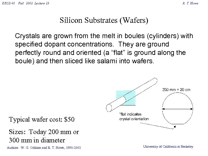 EECS 40 Fall 2002 Lecture 23 R. T. Howe Silicon Substrates (Wafers) Crystals are