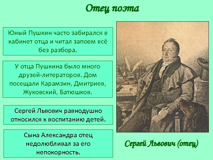 Отец поэта Юный Пушкин часто забирался в кабинет отца и читал запоем всё без