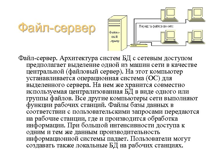 Файл-сервер. Архитектура систем БД с сетевым доступом предполагает выделение одной из машин сети в