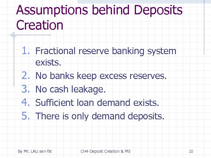 Assumptions behind Deposits Creation 1. Fractional reserve banking system 2. 3. 4. 5. exists.