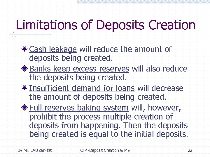 Limitations of Deposits Creation Cash leakage will reduce the amount of deposits being created.