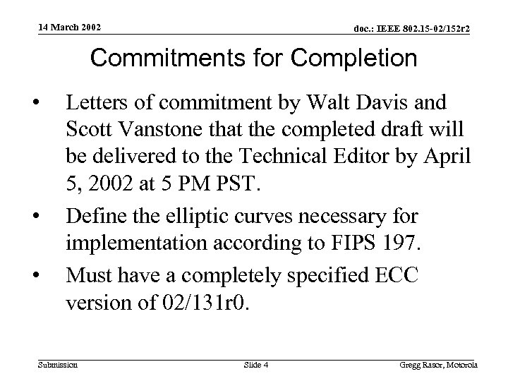 14 March 2002 doc. : IEEE 802. 15 -02/152 r 2 Commitments for Completion