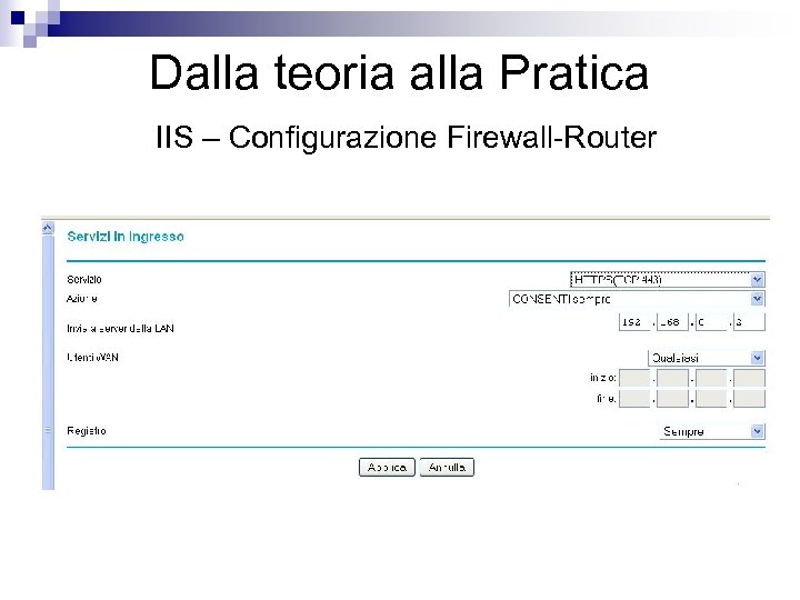 Dalla teoria alla Pratica IIS – Configurazione Firewall-Router 