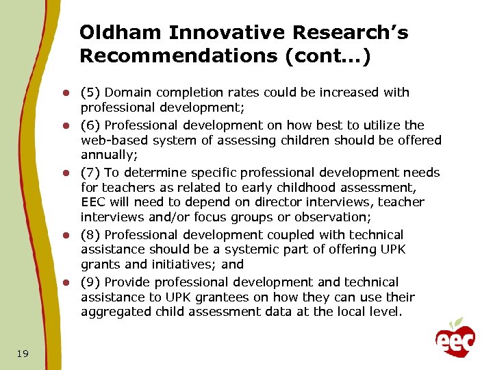 Oldham Innovative Research’s Recommendations (cont…) l l l 19 (5) Domain completion rates could