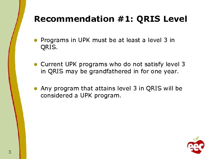 Recommendation #1: QRIS Level l l Current UPK programs who do not satisfy level