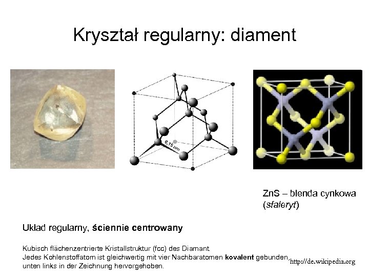 Kryształ regularny: diament Zn. S – blenda cynkowa (sfaleryt) Układ regularny, ściennie centrowany Kubisch