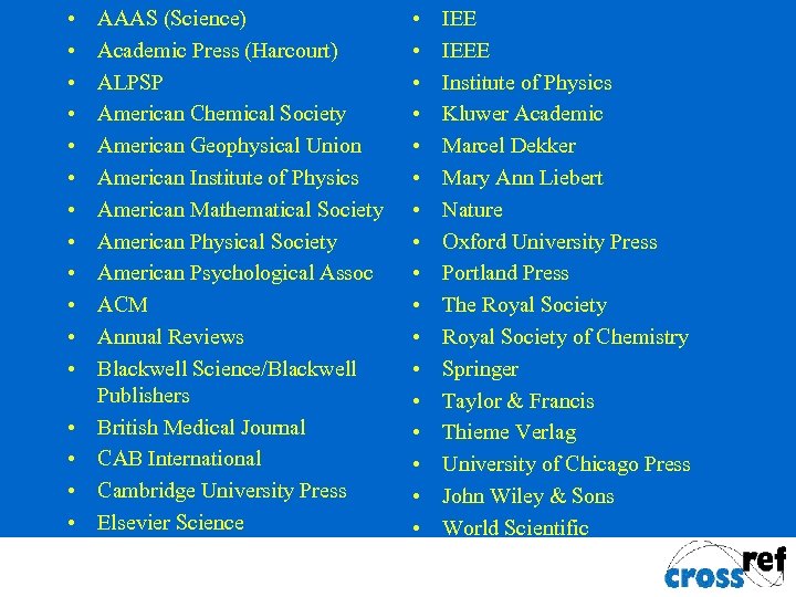  • • • • AAAS (Science) Academic Press (Harcourt) ALPSP American Chemical Society