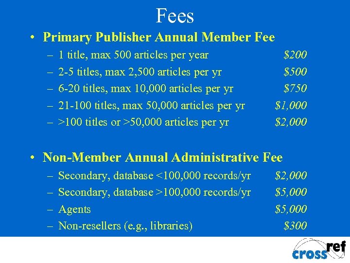 Fees • Primary Publisher Annual Member Fee – – – 1 title, max 500