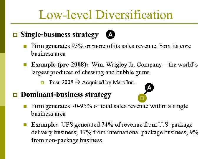 Low-level Diversification p Single-business strategy A n Firm generates 95% or more of its