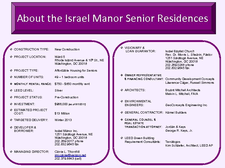 About the Israel Manor Senior Residences v CONSTRUCTION TYPE: New Construction v PROJECT LOCATION: