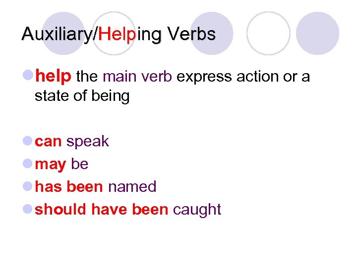 Auxiliary/Helping Verbs lhelp the main verb express action or a state of being l