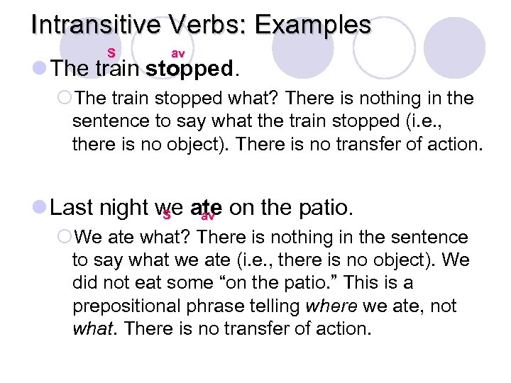 Intransitive Verbs: Examples S av l The train stopped. ¡The train stopped what? There