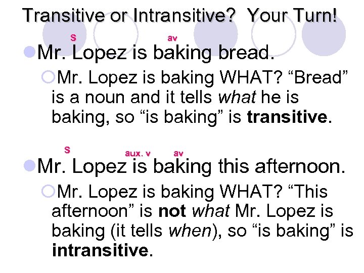 Transitive or Intransitive? Your Turn! S av l. Mr. Lopez is baking bread. ¡Mr.