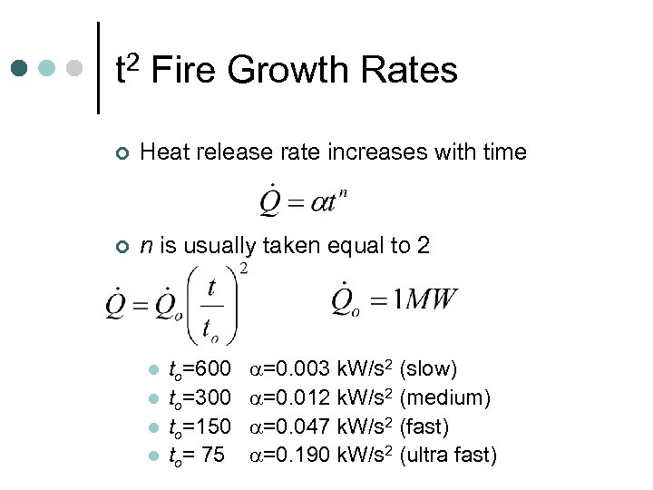 t 2 Fire Growth Rates ¢ Heat release rate increases with time ¢ n