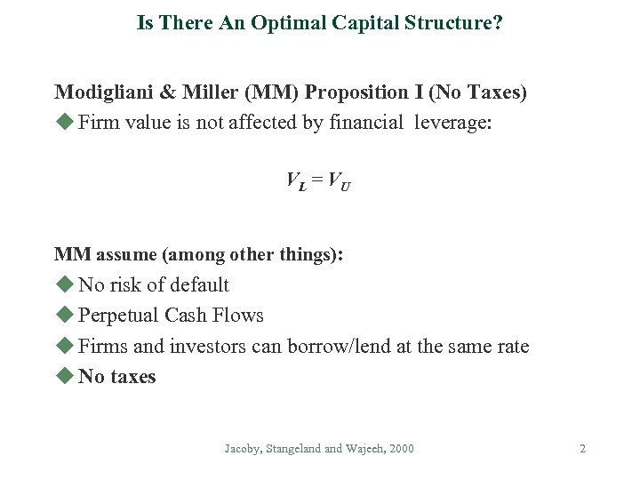 Is There An Optimal Capital Structure? Modigliani & Miller (MM) Proposition I (No Taxes)