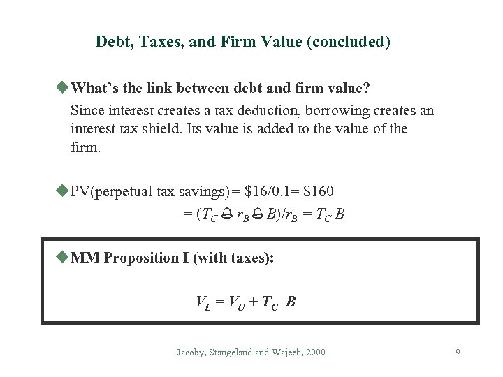 Debt, Taxes, and Firm Value (concluded) u. What’s the link between debt and firm