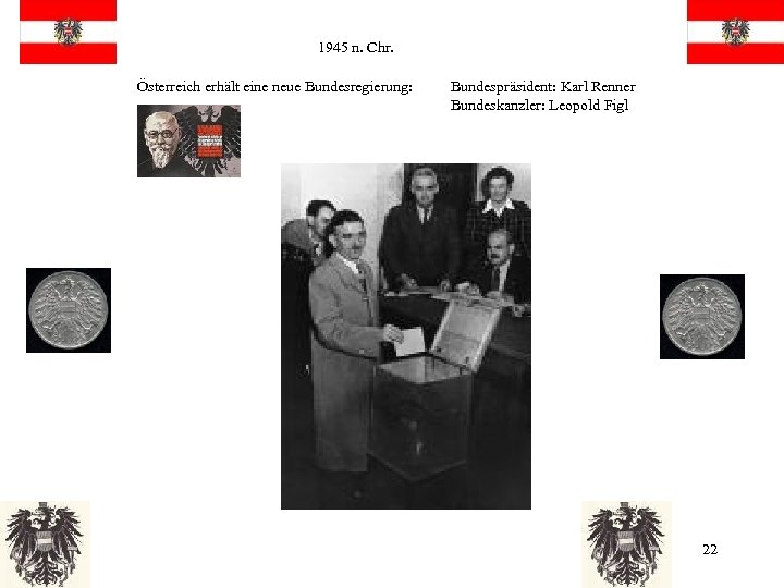 1945 n. Chr. Österreich erhält eine neue Bundesregierung: Bundespräsident: Karl Renner Bundeskanzler: Leopold Figl
