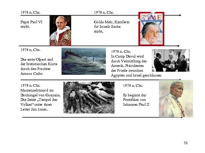 1978 n. Chr. Papst Paul VI stirbt. Golda Meir, Kämferin für Israels Sache stirbt.