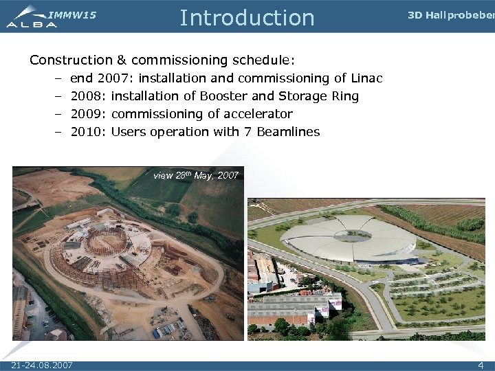 IMMW 15 Introduction 3 D Hall probe ben Construction & commissioning schedule: – end