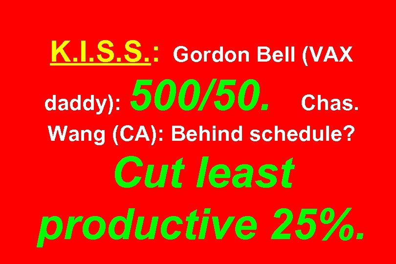 K. I. S. S. : Gordon Bell (VAX 500/50. daddy): Chas. Wang (CA): Behind
