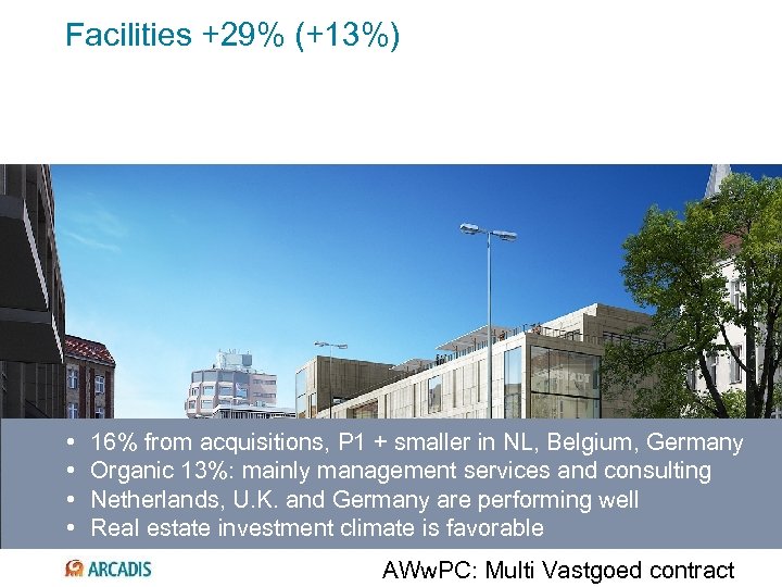 Facilities +29% (+13%) • • 16% from acquisitions, P 1 + smaller in NL,