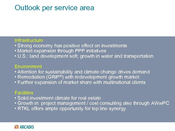 Outlook per service area Infrastructure • Strong economy has positive effect on investments •