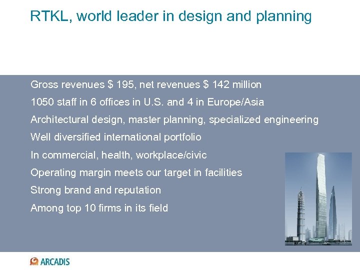 RTKL, world leader in design and planning Gross revenues $ 195, net revenues $