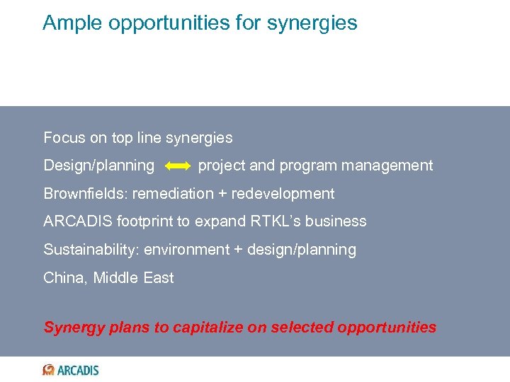 Ample opportunities for synergies Focus on top line synergies Design/planning project and program management