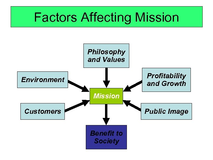 Factors Affecting Mission Philosophy and Values Profitability and Growth Environment Mission Customers Public Image