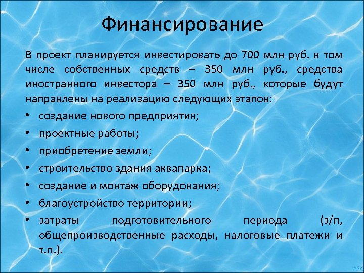 Финансирование В проект планируется инвестировать до 700 млн руб. в том числе собственных средств