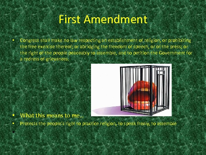 First Amendment • Congress shall make no law respecting an establishment of religion, or
