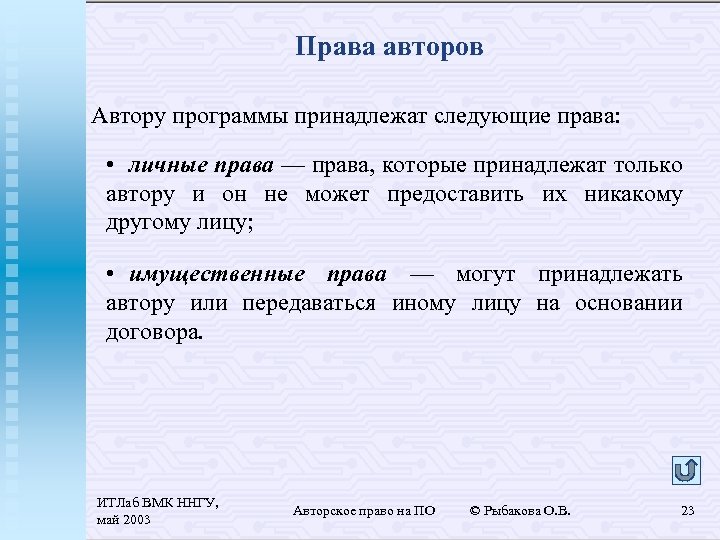 Права авторов Автору программы принадлежат следующие права: • личные права — права, которые принадлежат