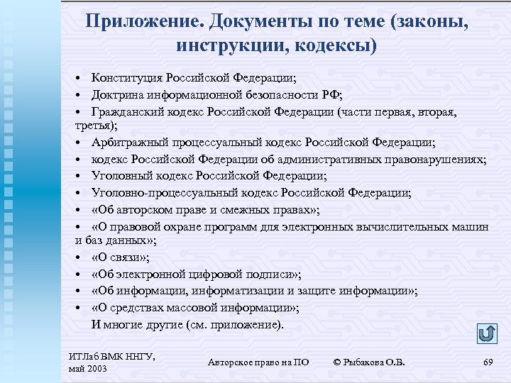 Приложение. Документы по теме (законы, инструкции, кодексы) • Конституция Российской Федерации; • Доктрина информационной