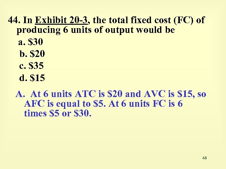 44. In Exhibit 20 -3, the total fixed cost (FC) of producing 6 units