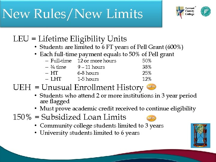 New Rules/New Limits LEU = Lifetime Eligibility Units • Students are limited to 6